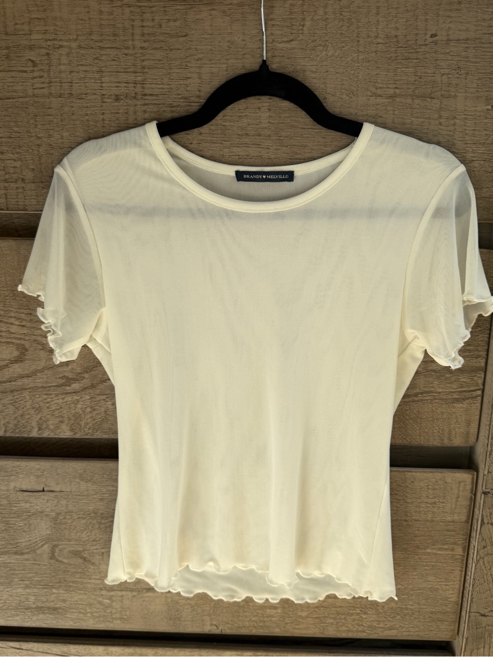 Brandy Melville Ivory Ruffle Hem Short Sheer Sleeve Top-NWOT